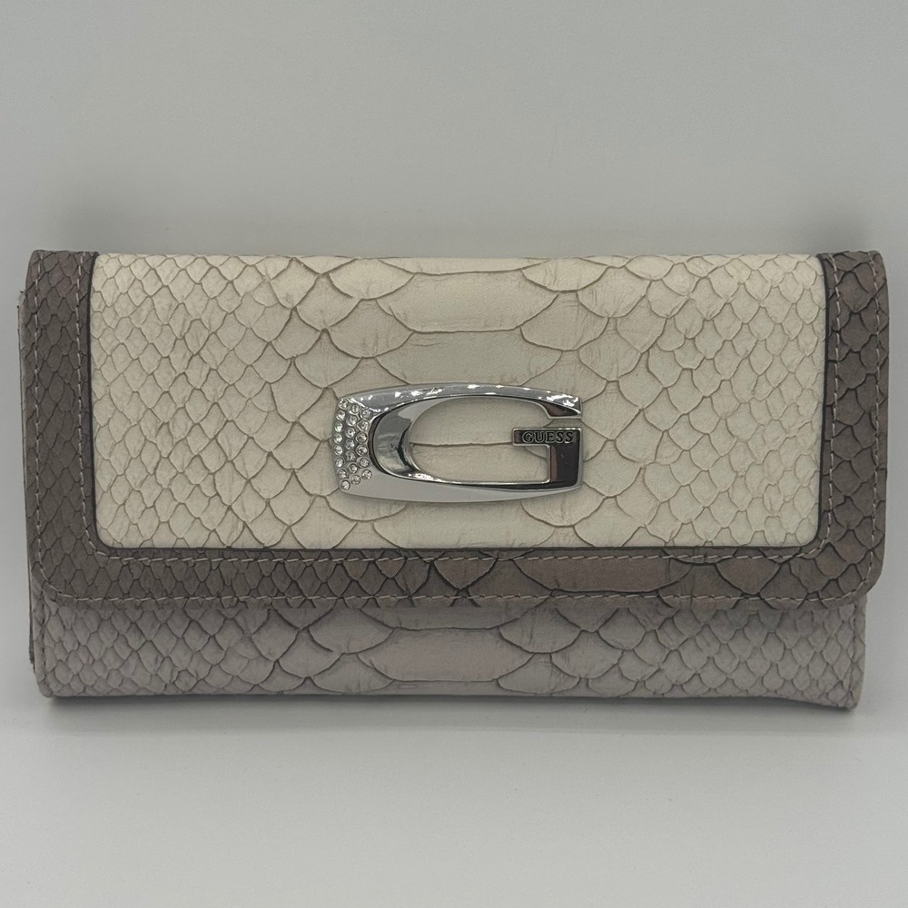 Guess Womens Snakeskin Embossed Trifold Wallet Cream Taupe Silver G Rhinestone